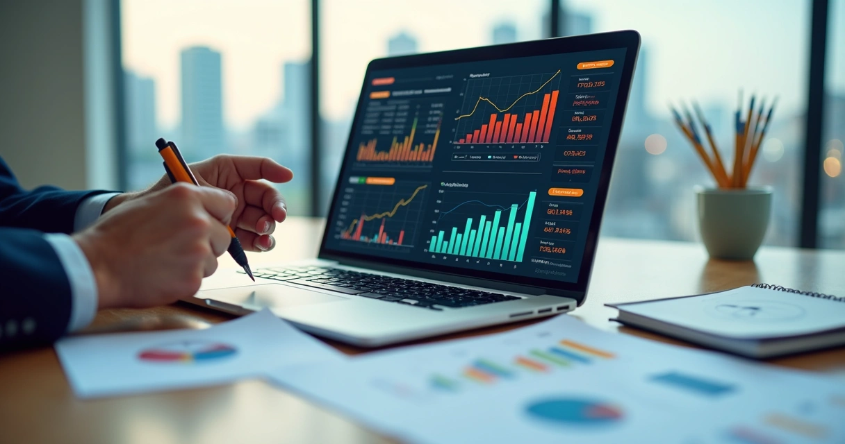 Investidor analisando gráficos de equity e participação em empresas na tela do notebook 