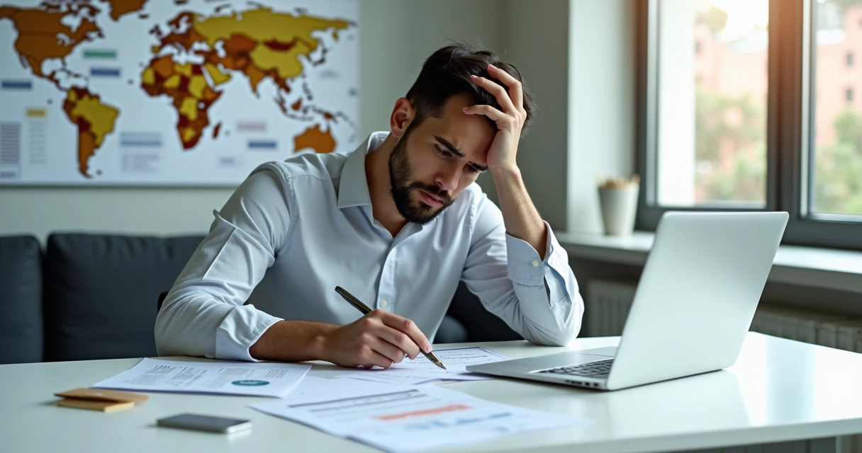 Homem olhando para papéis frustrado após cometer erro em investimentos internacionais 