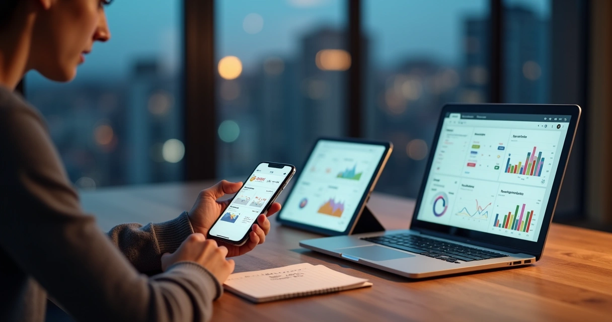 Investidor avaliando vários aplicativos de FIIs em mesa organizada 