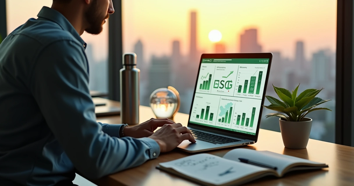 Pessoa analisando investimentos ESG no laptop com ícones de sustentabilidade e finanças 