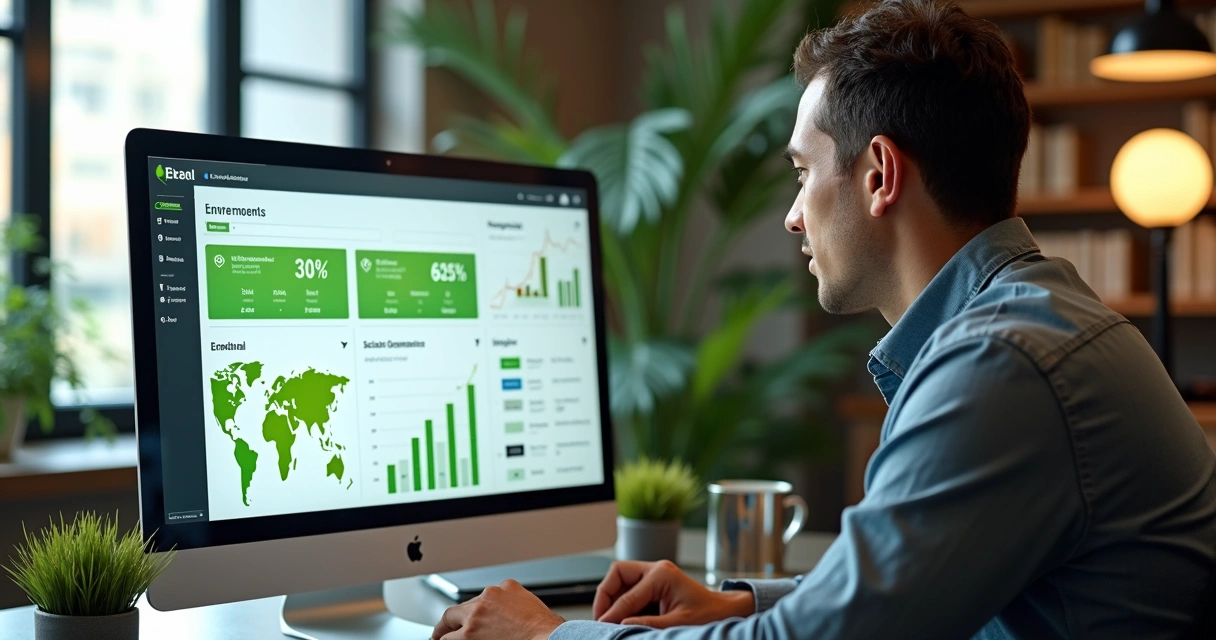 Investidor observando gráfico ESG em tela digital no escritório 