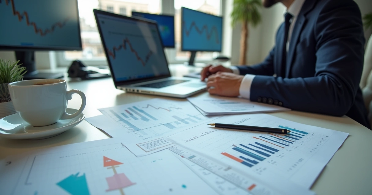 Pessoa analisando gráficos financeiros e títulos de investimento 