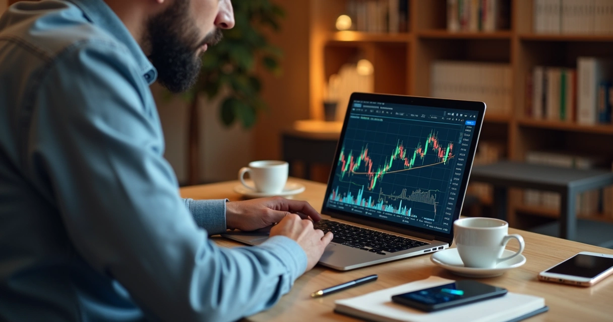 Homem mexendo no computador com gráficos de criptomoeda na tela e blocos de anotações ao lado 