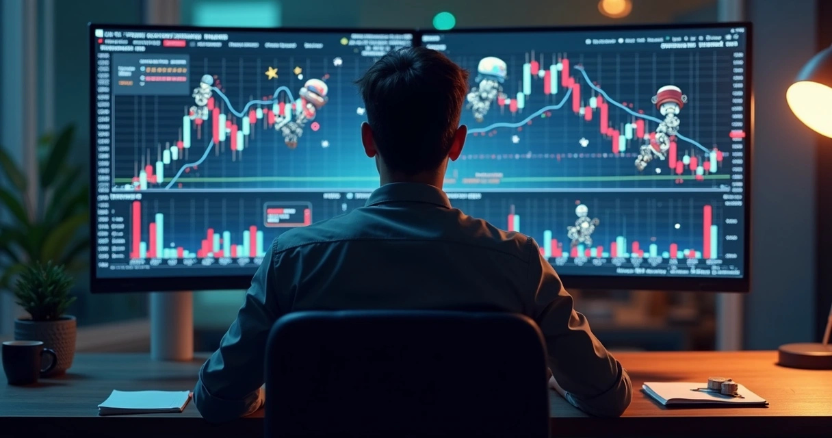 Pessoa estudando tela de computador com gráficos e robôs virtuais de arbitragem 