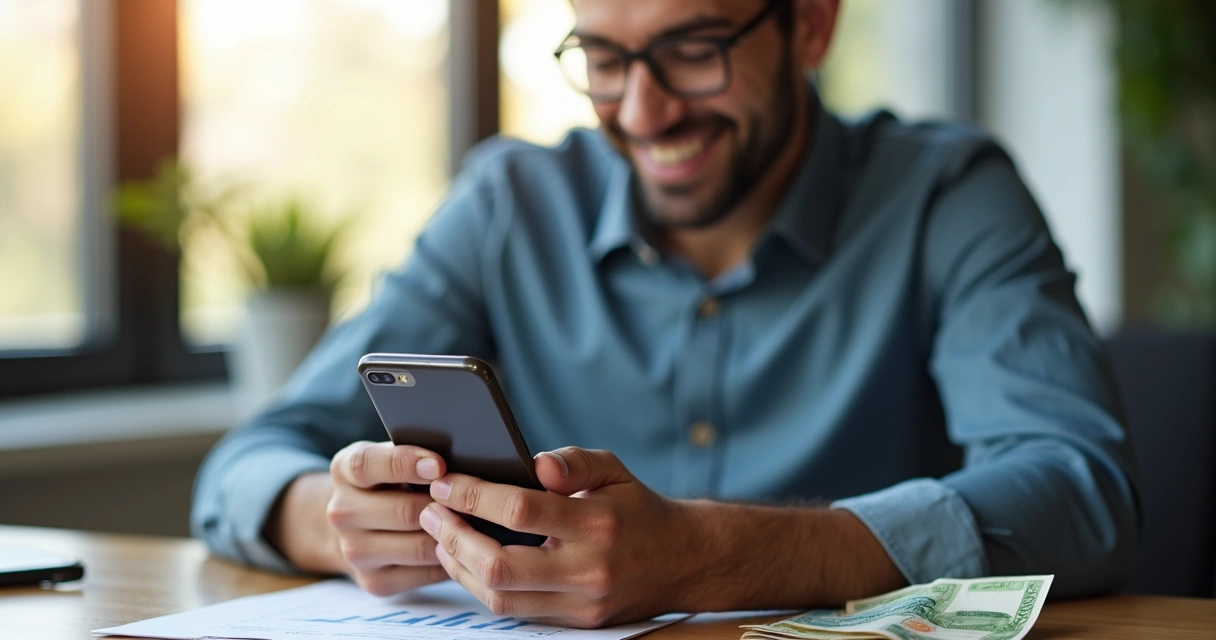 Pessoa analisando gráfico de investimentos no celular com notas de real ao lado 