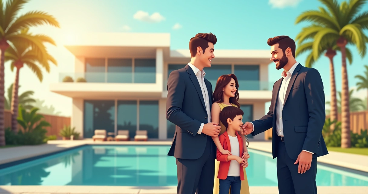 Real estate agent celebrating with an investor in front of a luxury home in Orlando