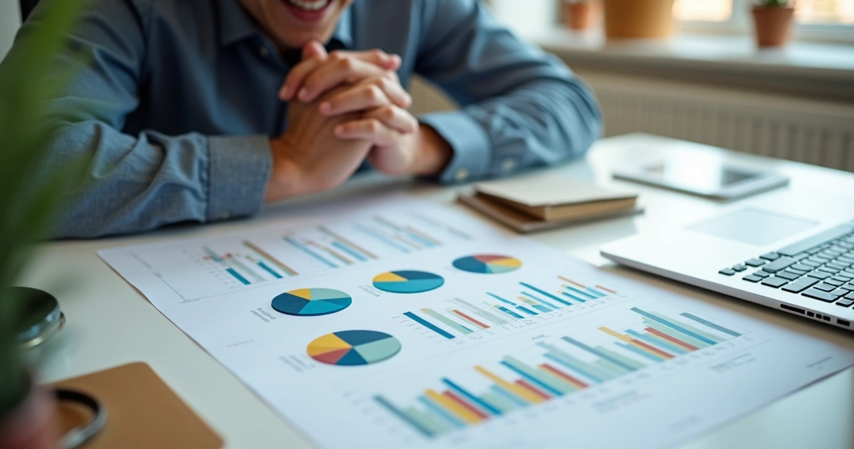 Jovem segurando gráficos de investimentos equilibrados em mesa branca 