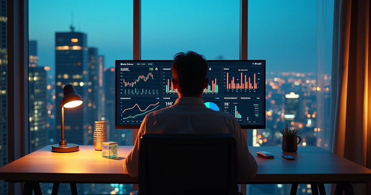 Pessoa acompanhando fundos imobiliários em gráfico diante de prédios comerciais à noite 