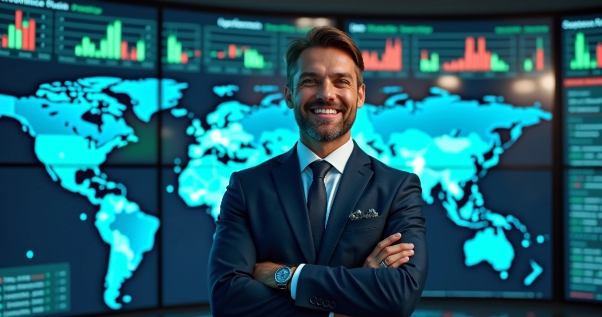 Investidor sorrindo em frente a painéis digitais com gráficos de investimentos globais 