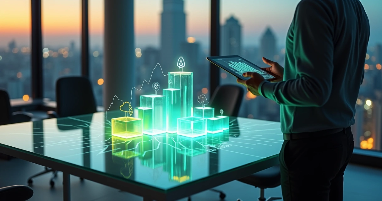 Investidor analisa maquete de holding conectando várias startups 