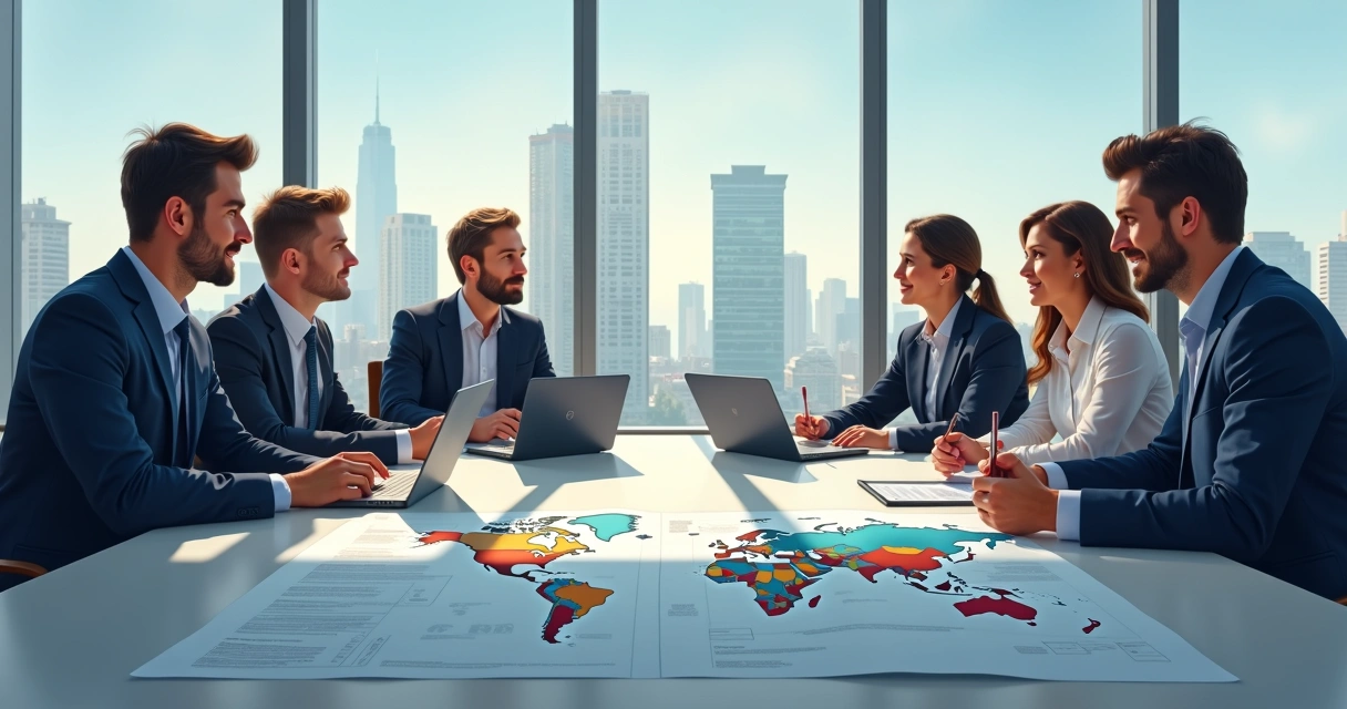 Ilustração de investidores americanos olhando mapas imobiliários nos EUA e Europa em cenário de escritórios modernos. 