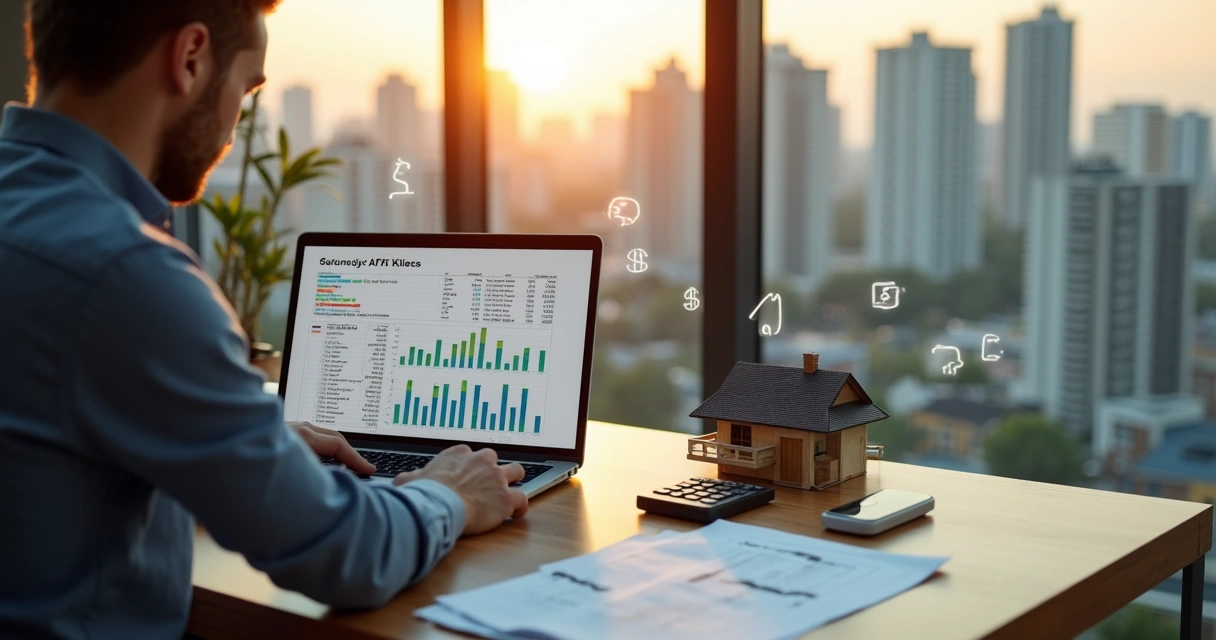 Investidor analisando fluxo de caixa de imóveis em tela com gráficos e prédios ao fundo 