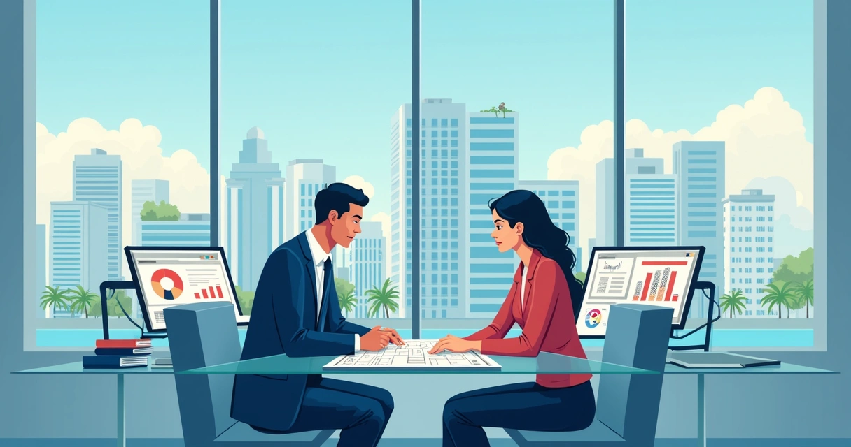 Investidor estrangeiro analisando planta baixa com corretor, com vista para skyline de Miami ao fundo 