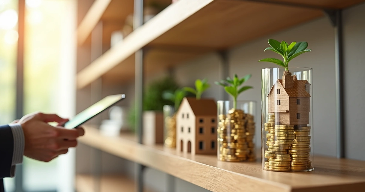 Investidor observando miniaturas de imóveis com moedas crescendo como plantas 