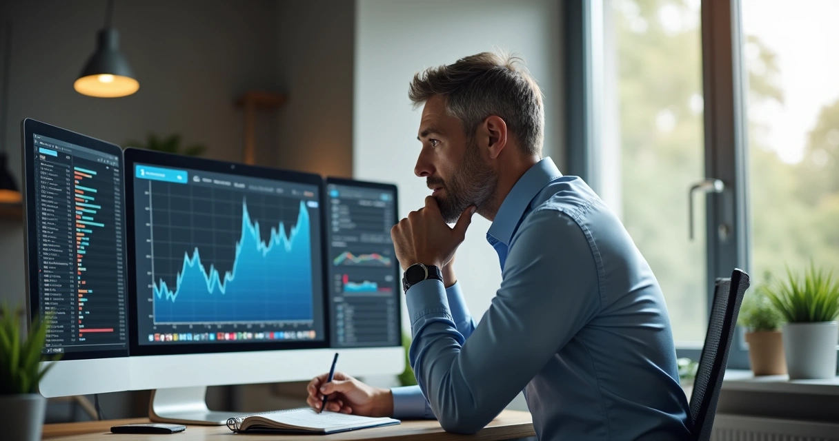 Pessoa com expressão de dúvida olhando vários gráficos diferentes