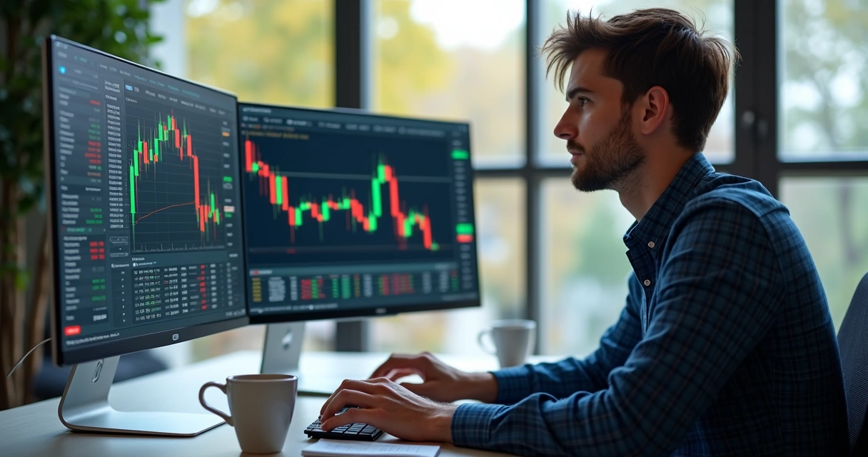 Pessoa analisando gráficos de ETF e ações lado a lado 