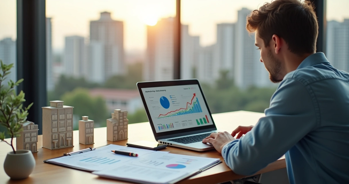 Pessoa analisando investimentos em imóveis com gráficos e miniaturas de prédios 