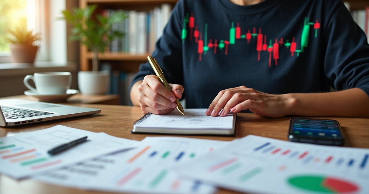 Pessoa escrevendo anotações sobre investimentos em caderno na mesa de madeira 