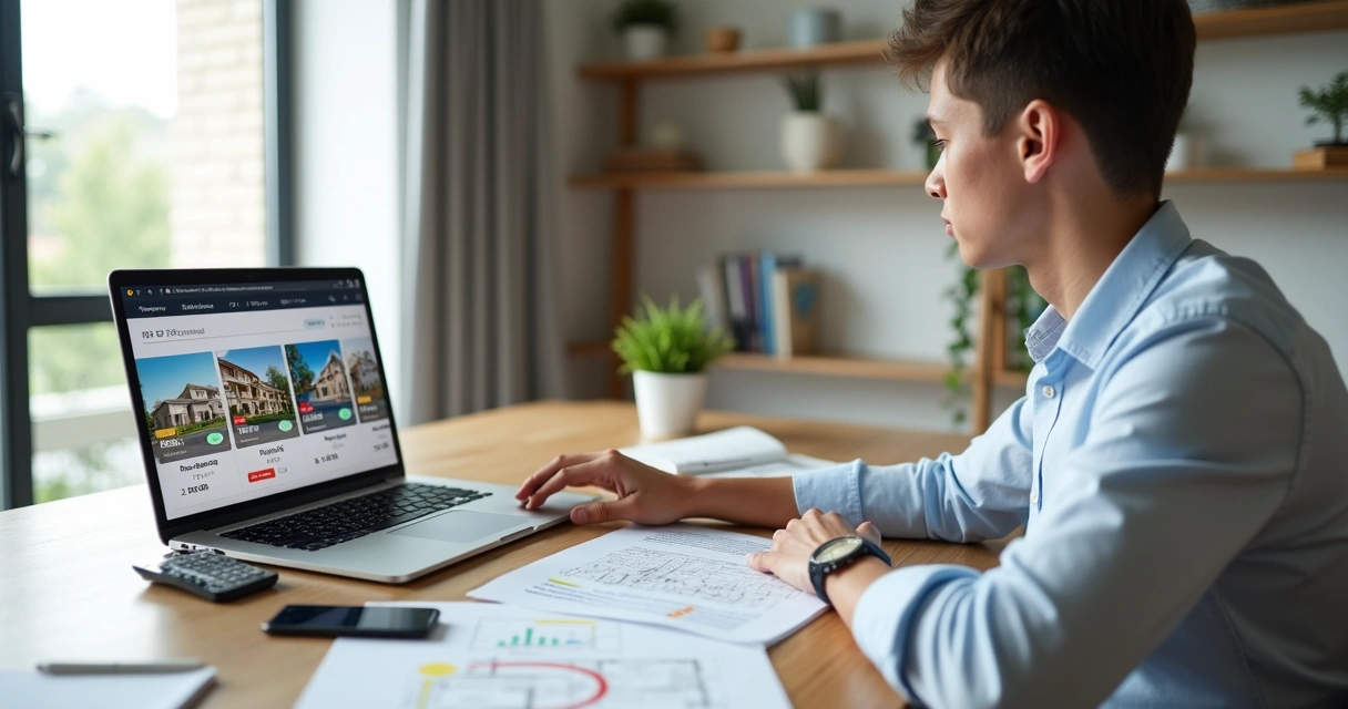 Investidor iniciante analisando imóveis de leilão em tela de notebook 
