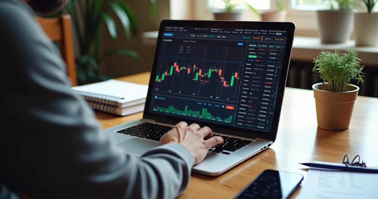 Pessoa iniciando investimentos em ações com laptop, cadernos e gráficos financeiros na mesa de madeira 