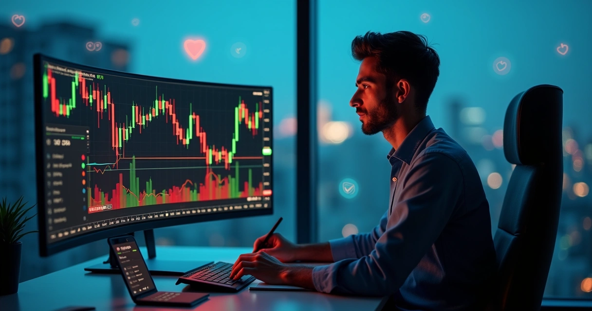 Investidor iniciante analisando gráficos voláteis em tela com destaque para estratégias de redução de risco 