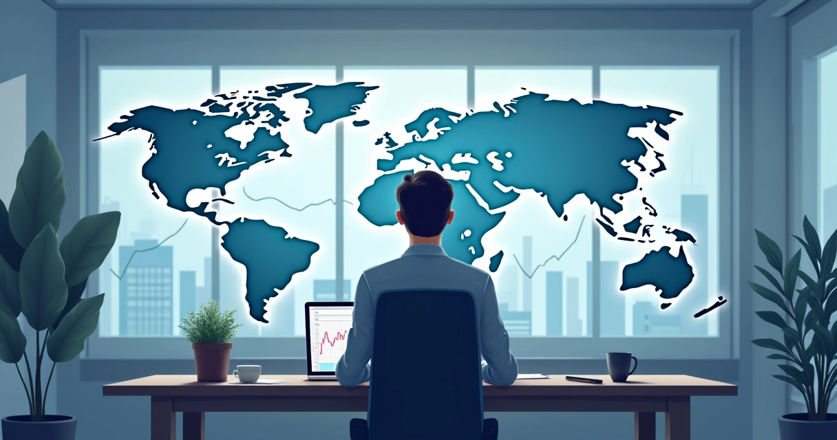 Pessoa diante de mapas e gráficos internacionais, analisando opções de investimento 