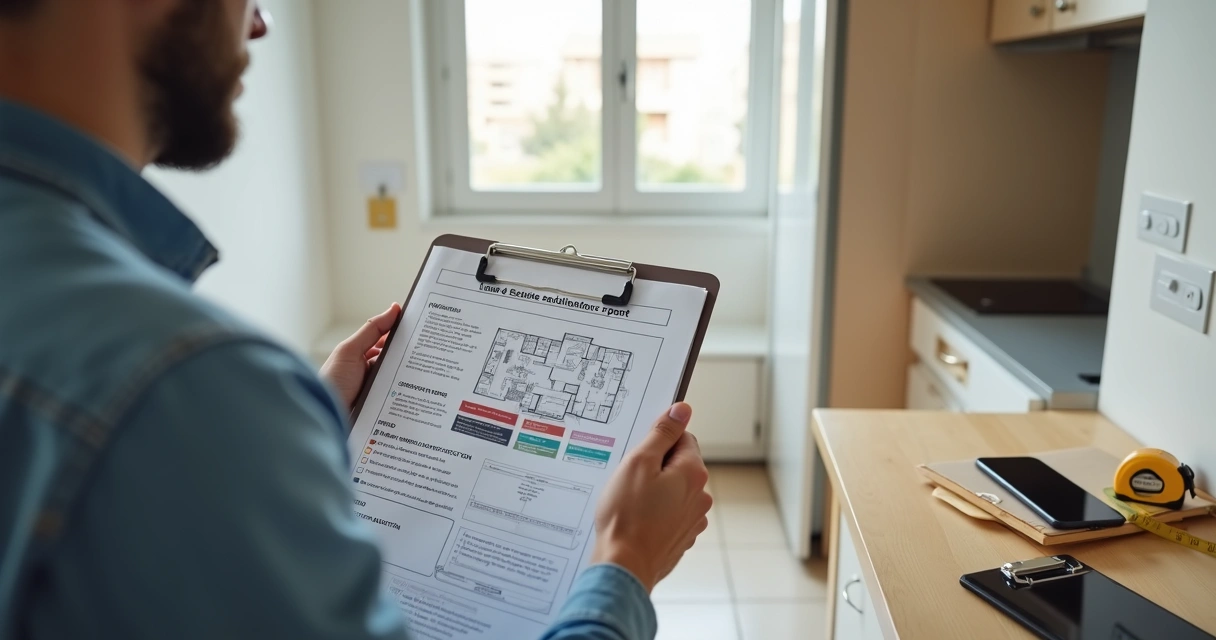 Investidor iniciante analisando laudo de vistoria em apartamento reformado 