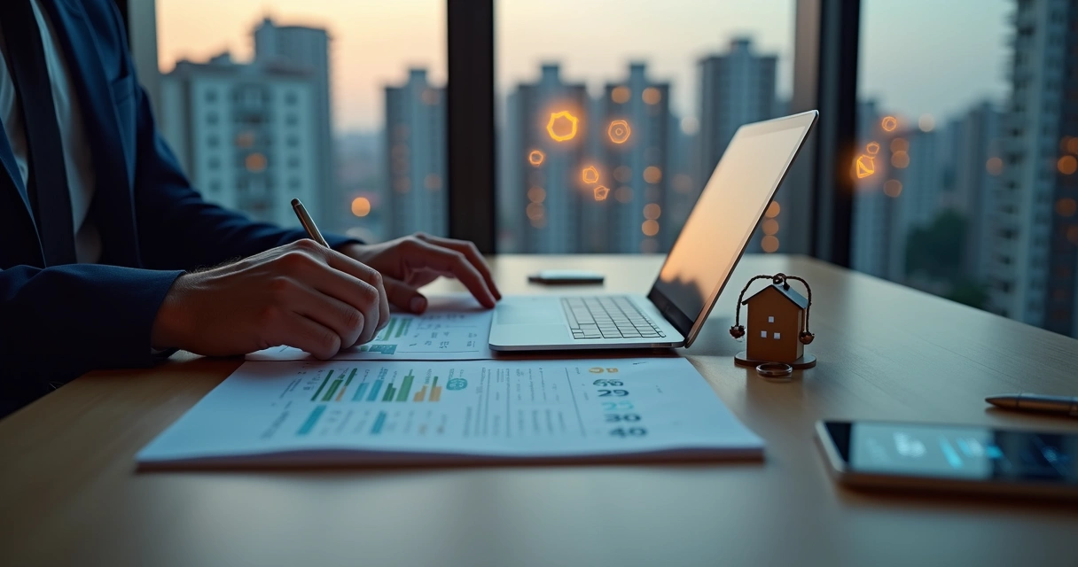 Investidor analisando prédios residenciais e contratos de leilão extrajudicial 