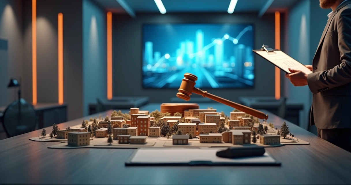 Investidor observa cidade em maquete com martelo de leilão gigante ao fundo 