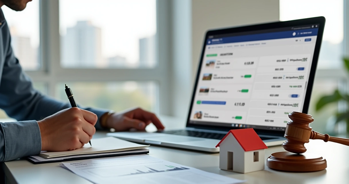 Investidor iniciante analisando leilão de imóveis no computador com martelo de leilão e maquete de casa 