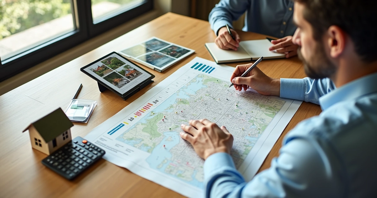 Investidor analisando mapa urbano e maquete de imóvel em mesa com estratégia de leilão 