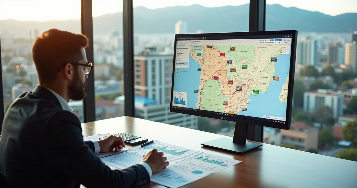 Investidor analisando oportunidades de leilão de imóveis em Minas Gerais com mapa de BH ao fundo 