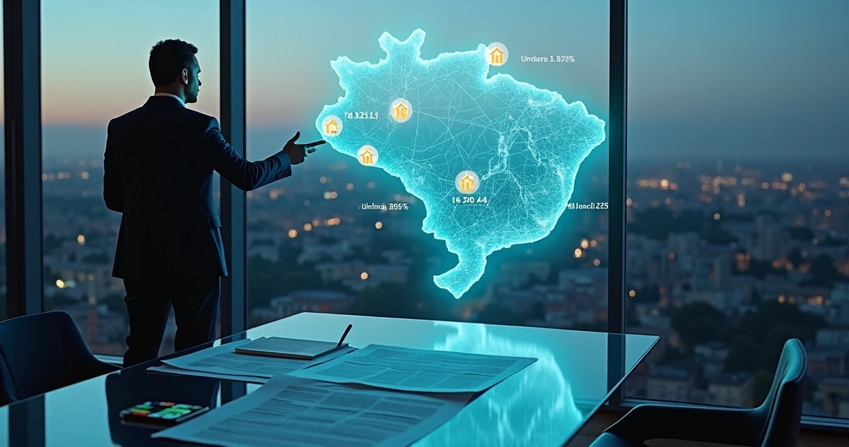 Investidor observando mapa do Paraná com ícones de casas e leilões 