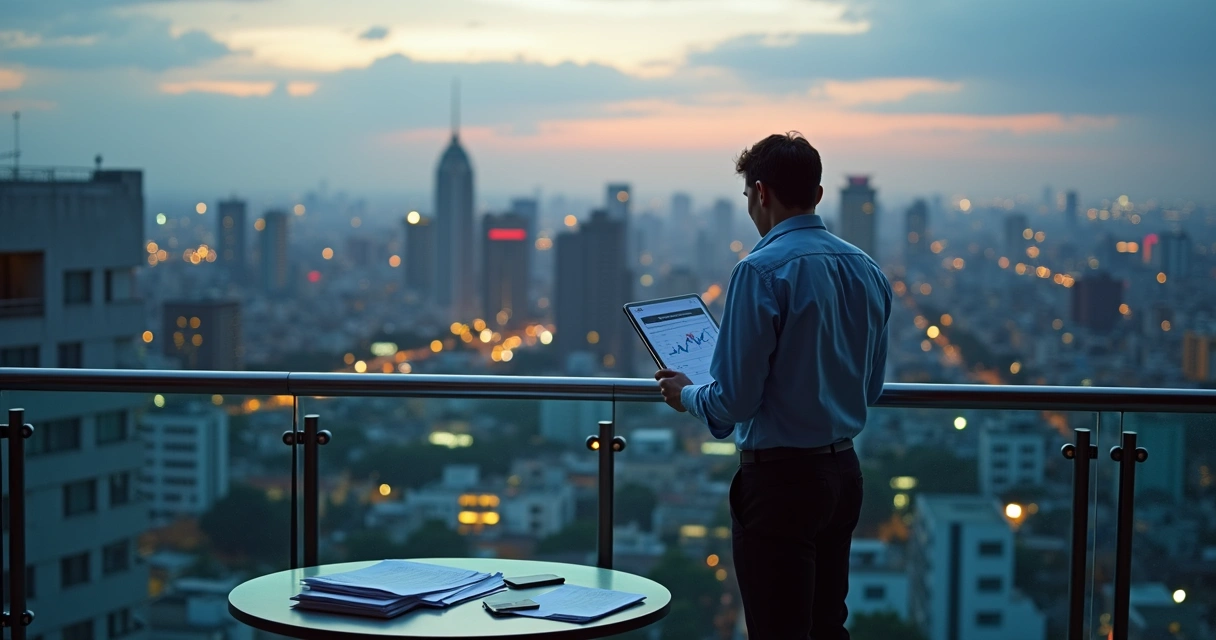 Investidor observando prédios residenciais em São Paulo do alto de um terraço 