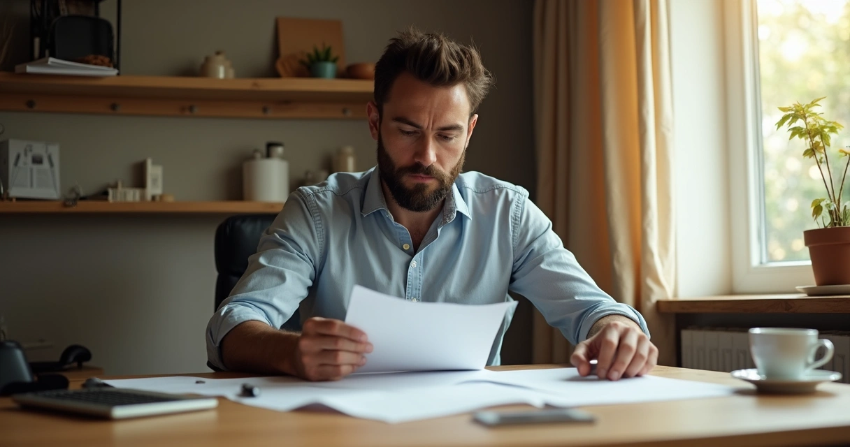 Investidor pensa sobre documentos de leilão de imóvel na mesa