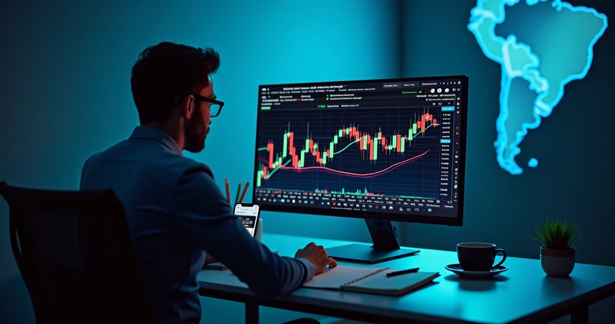 Investidor analisando riscos em gráficos de mercados eleitorais no computador 