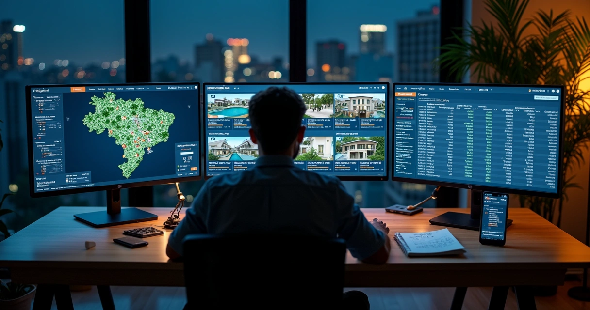 Investidor monitorando vários leilões de imóveis em telas ao mesmo tempo 