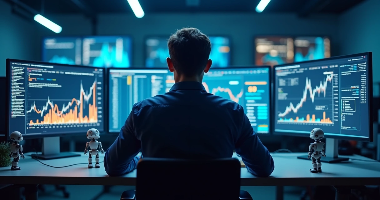 Investidor atento monitorando robôs e gráficos em várias telas 