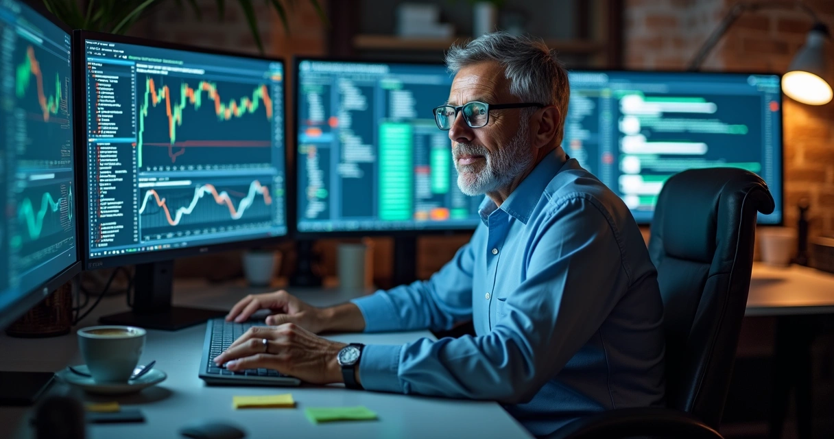 Investidor sentado observando monitores com gráficos de robôs 