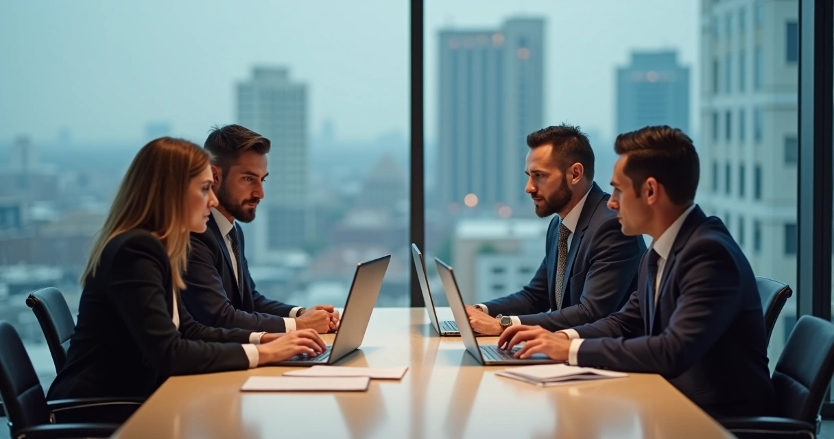 Três pessoas em uma mesa de reunião moderna, conversando seriamente com laptops e papéis organizados à frente 