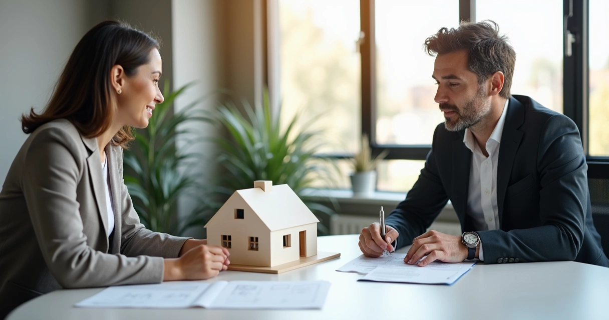 Investidor conversando com proprietário de imóvel hipotecado em mesa de reunião 