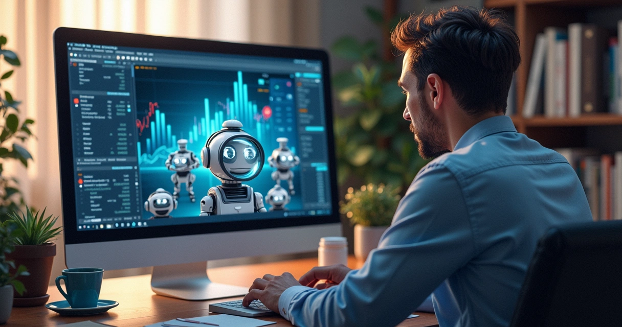 Investidor observando tela de computador com vários robôs de investimento em ação 