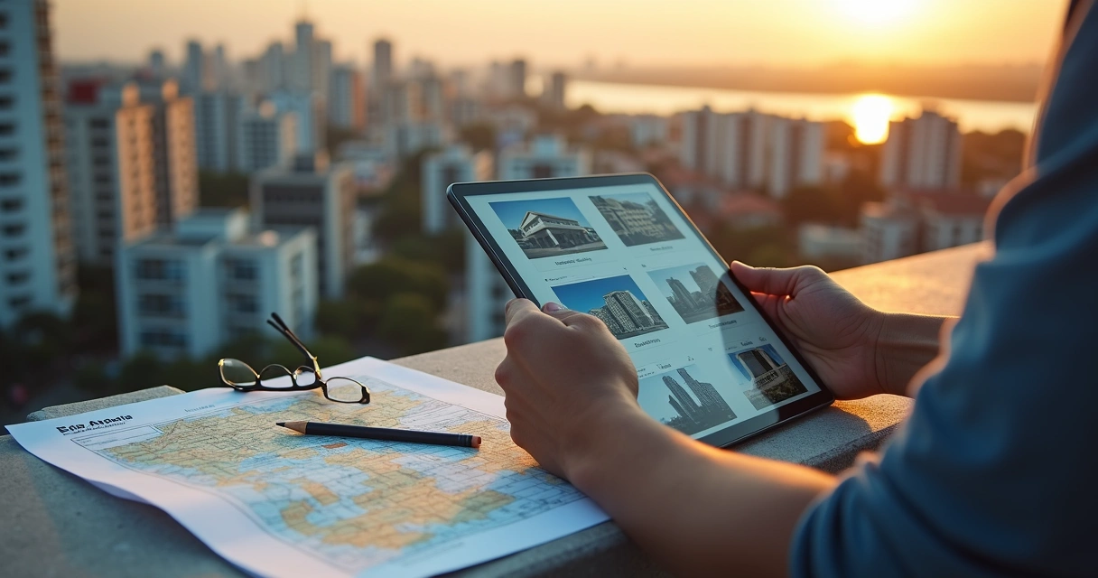 Investidor segurando tablet analisando prédios em Porto Alegre 