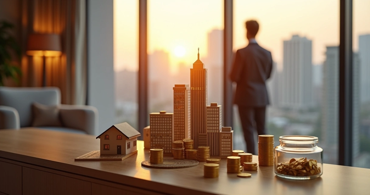 Investidor observando miniaturas de prédios cercadas por pilhas de moedas 
