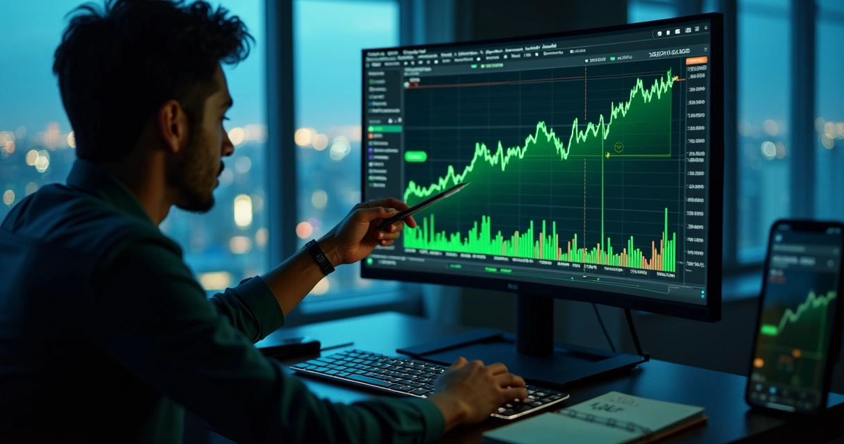 Pessoa analisando gráficos em tela com destaque para oportunidade subvalorizada 
