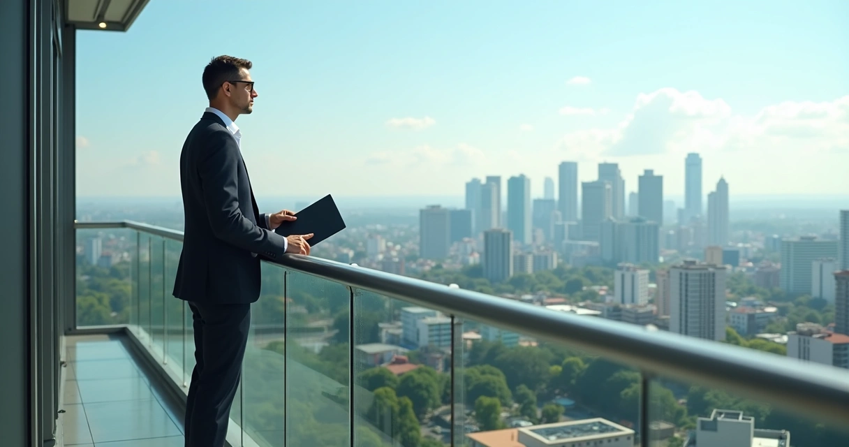 Pessoa observando horizonte de cidade paraguaia, prédios e céu limpo 
