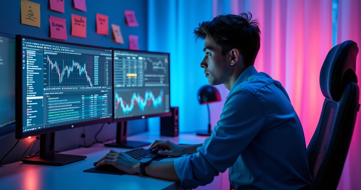 Pessoa usando computador cercada de telas com gráficos de criptomoedas