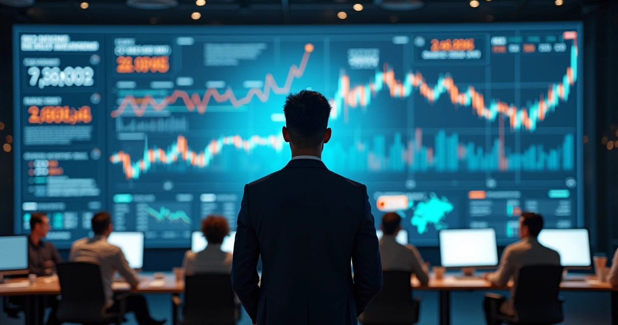 Investidor brasileiro observando gráficos e informações sobre previsões de mercado em tela grande