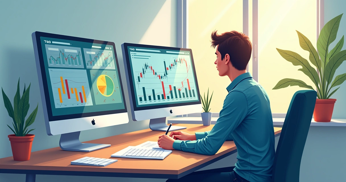 Pessoa analisando gráficos de investimentos diversificados incluindo dólar em tela de computador. 