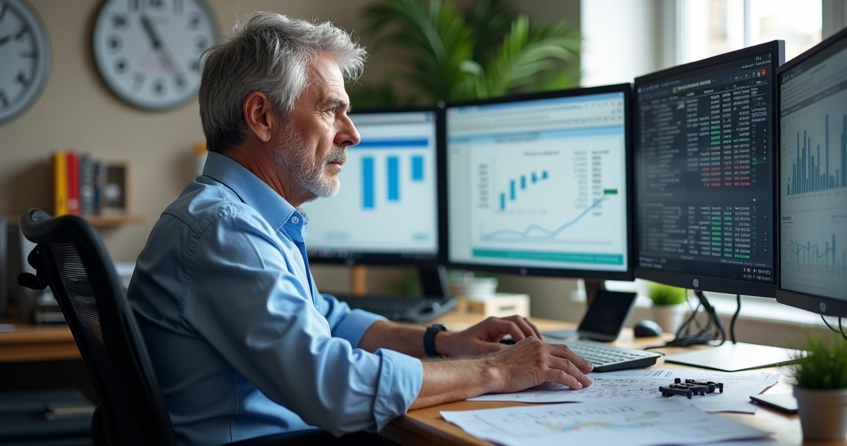 Homem analisando editais de imóveis e simuladores